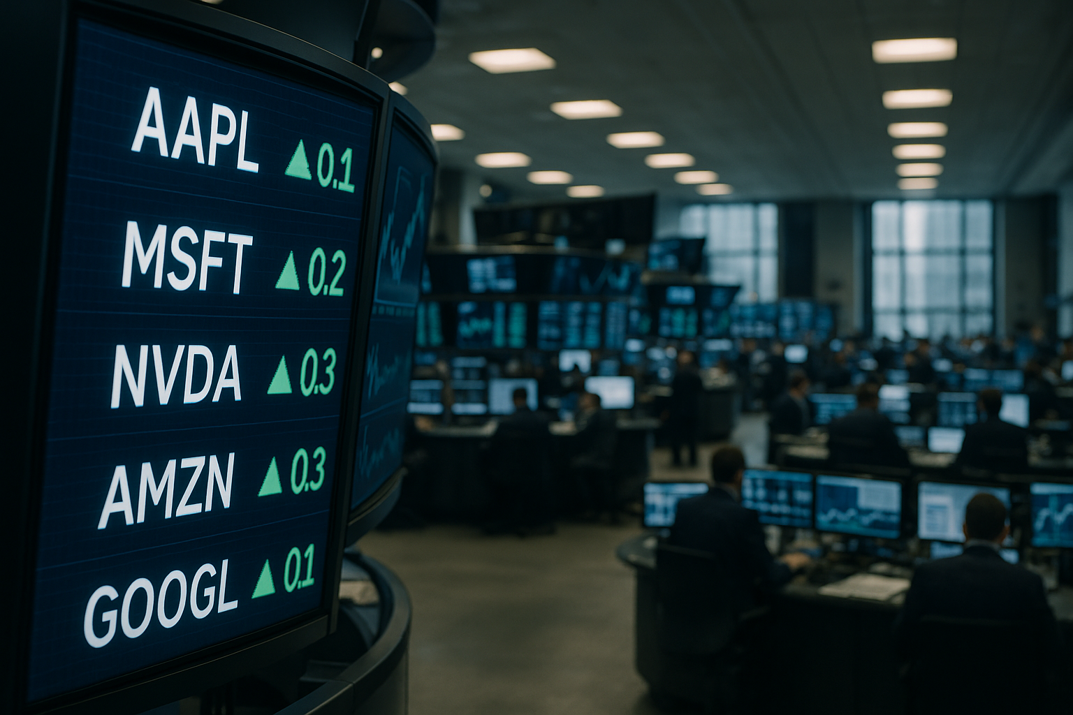wide-angle view of a stock exchange trading floor with illuminated ticker displays showing technology sector symbols