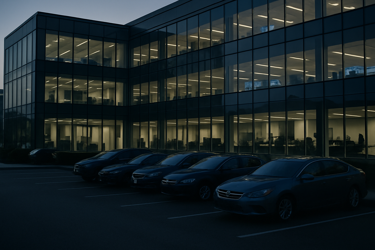 exterior of a glass-fronted corporate headquarters building at dawn with rows of parked vehicles in a quiet lot