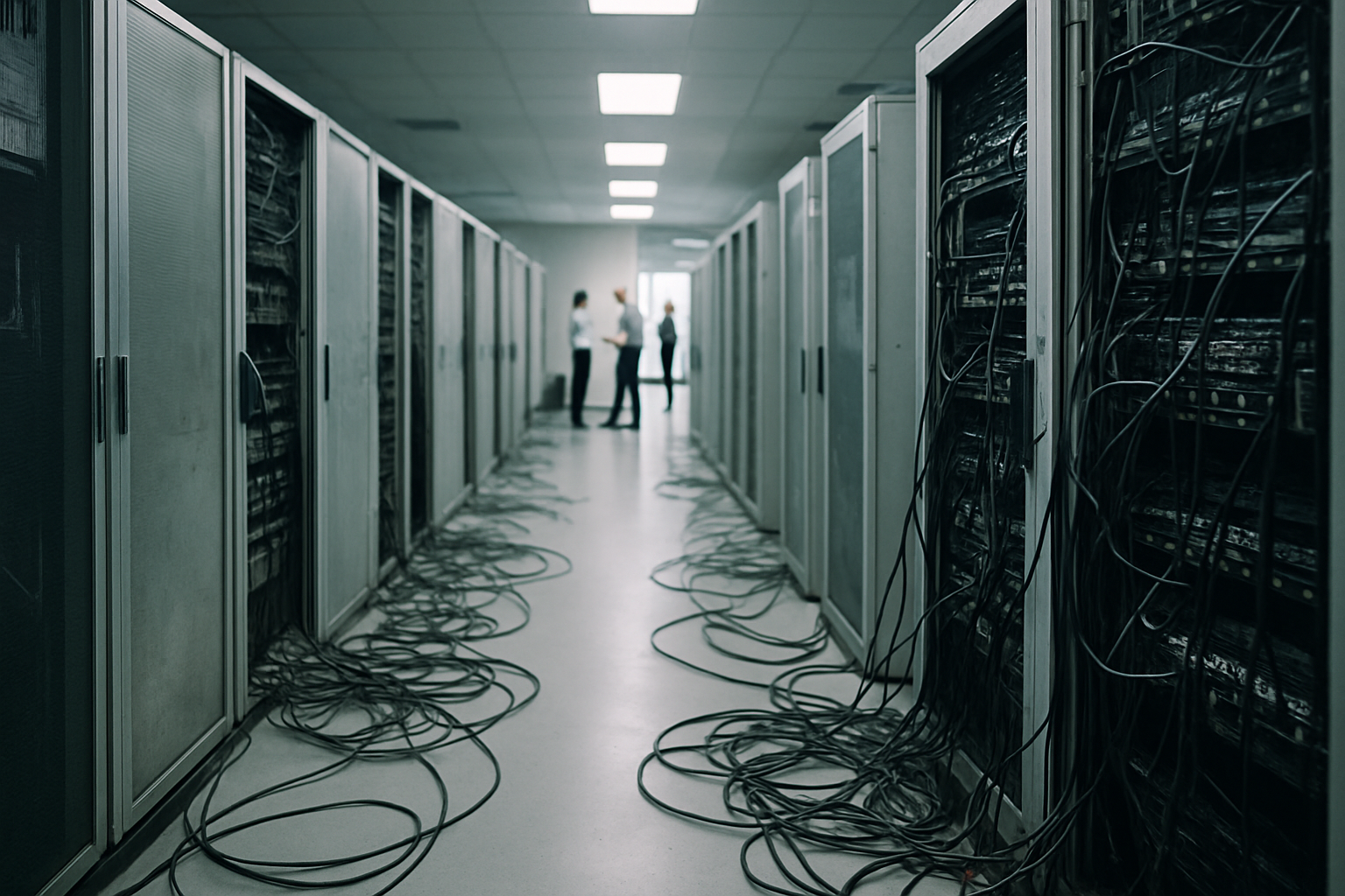 rows of aging server racks inside a dimly lit corporate data center, cables tangled across the floor