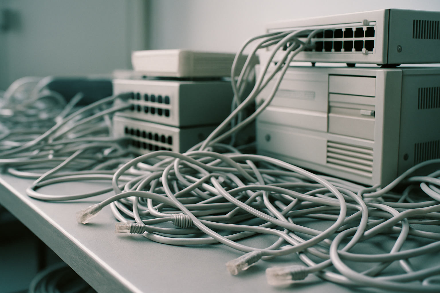 close-up of tangled ethernet cables and outdated networking hardware on a cluttered IT workbench