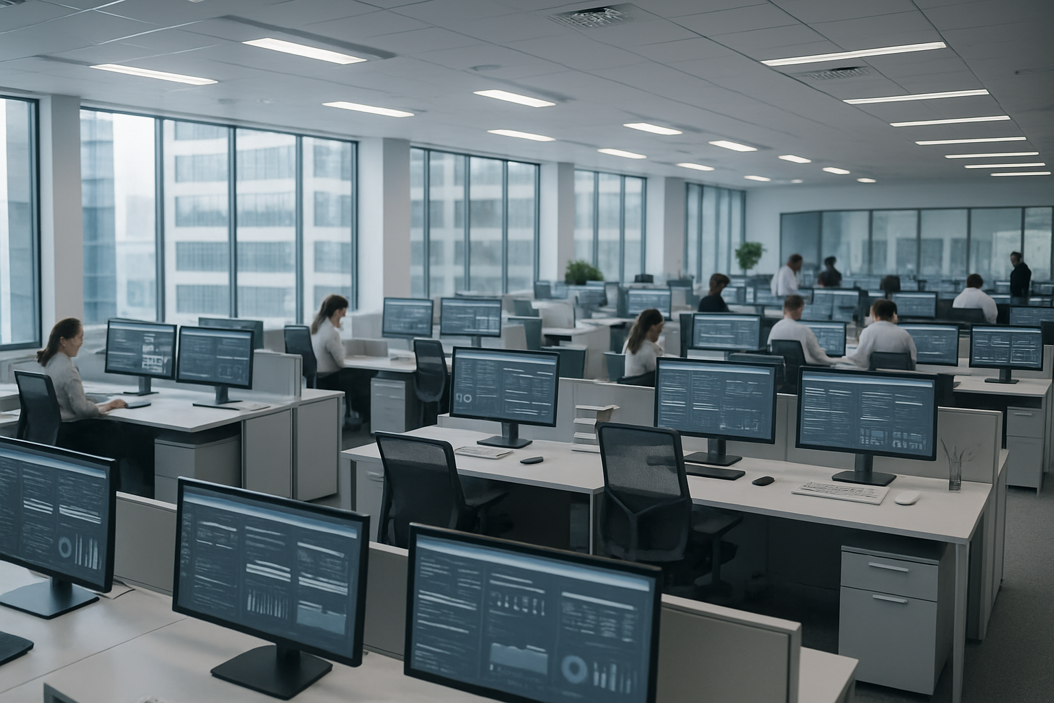 a large open-plan corporate office with rows of monitors displaying dashboards and workflow management software, shot from an elevated angle at midday