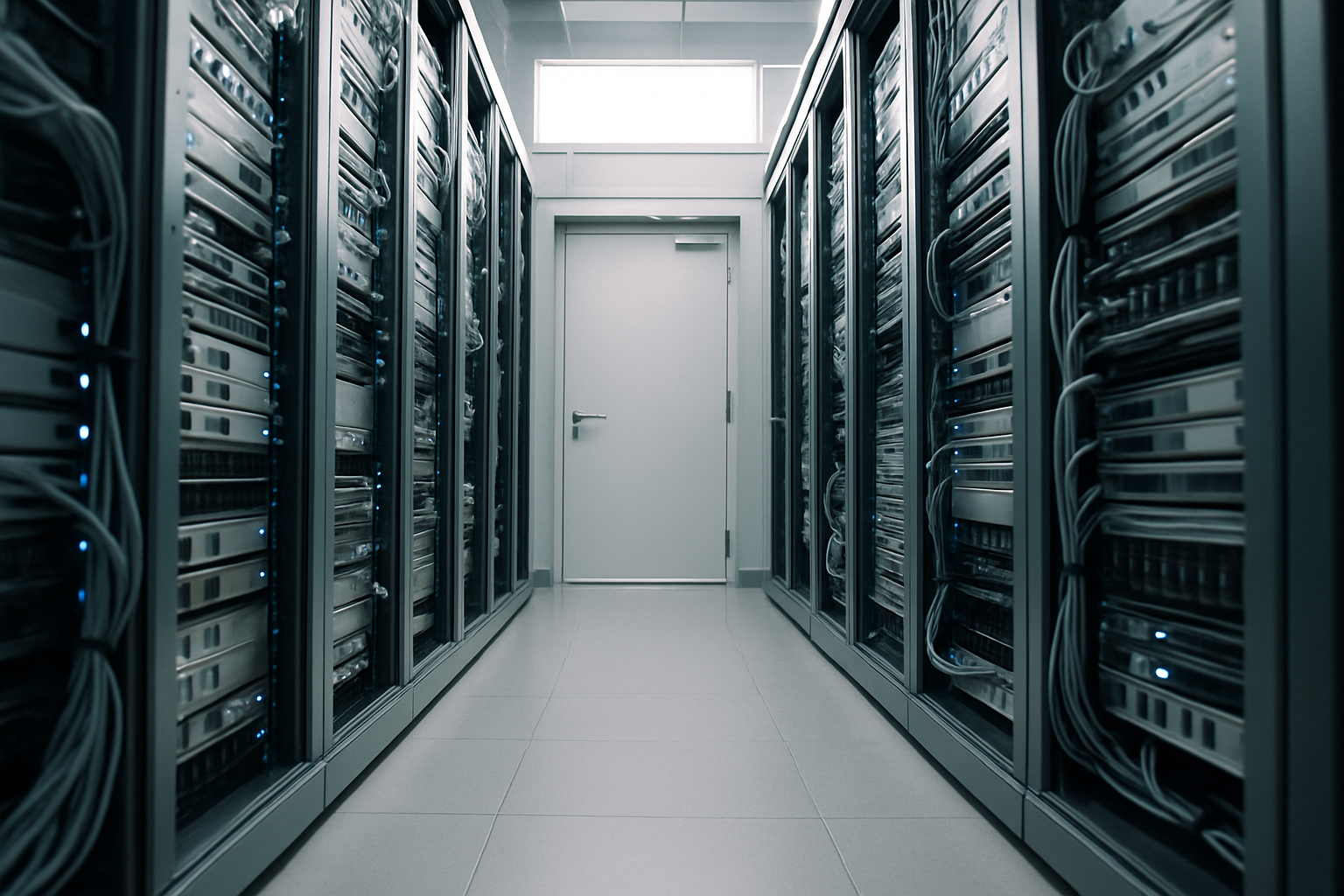 a server room corridor lined with illuminated rack-mounted hardware, cables neatly bundled, shot from a low angle looking toward a reinforced data center door