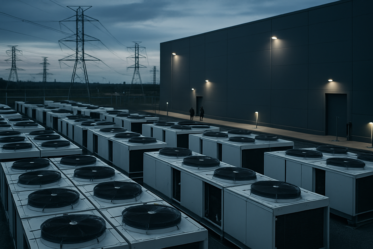 rows of large industrial cooling units outside a data center facility at dusk, surrounded by power transmission infrastructure