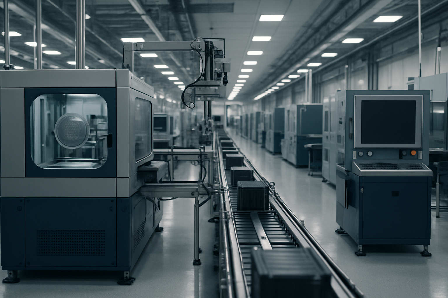 interior of a large semiconductor fabrication facility showing cleanroom equipment and automated assembly lines with no workers visible