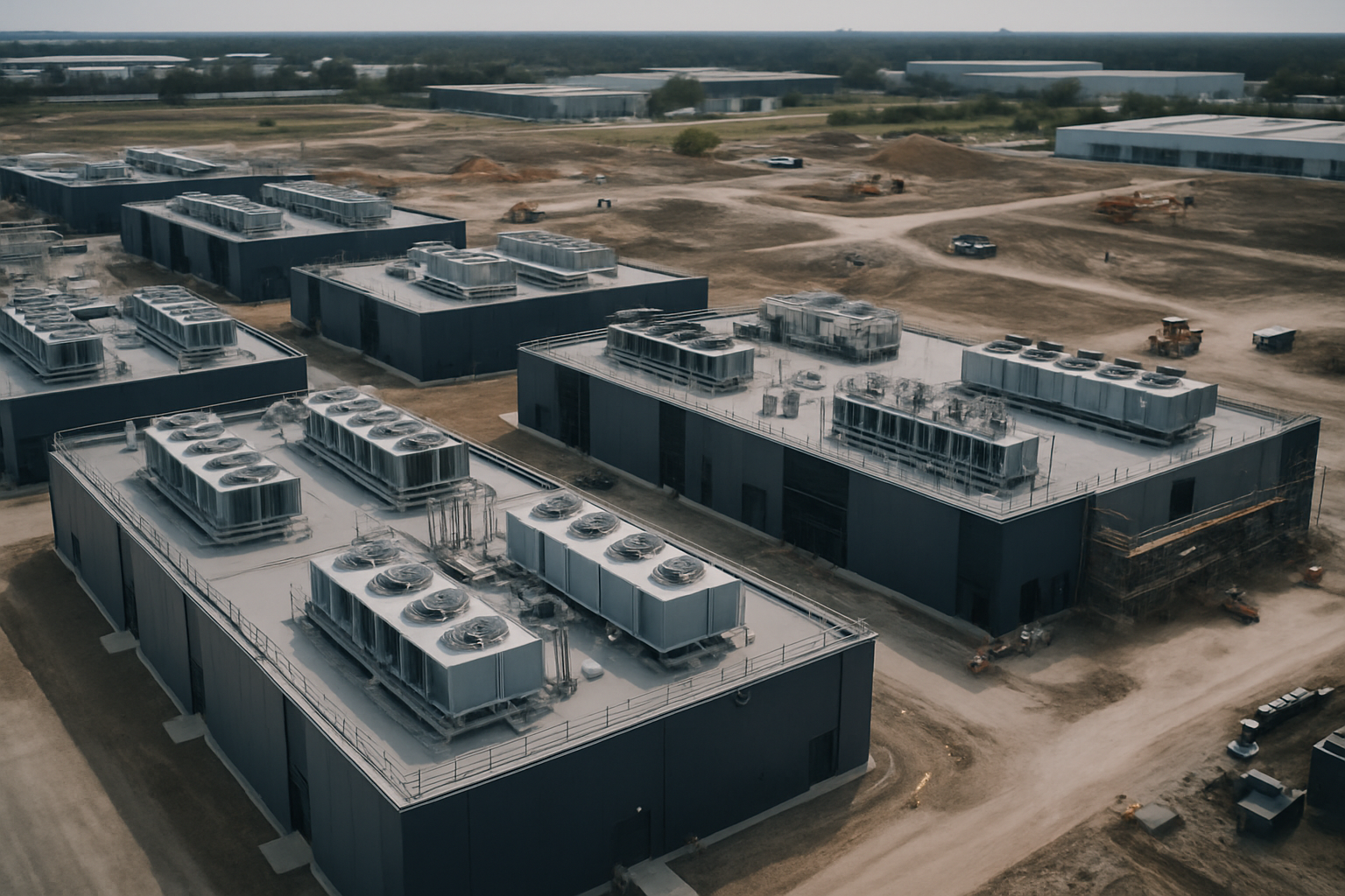 rows of large modular data centre buildings under construction at an industrial park, aerial view showing cooling units and power substations visible on rooftops