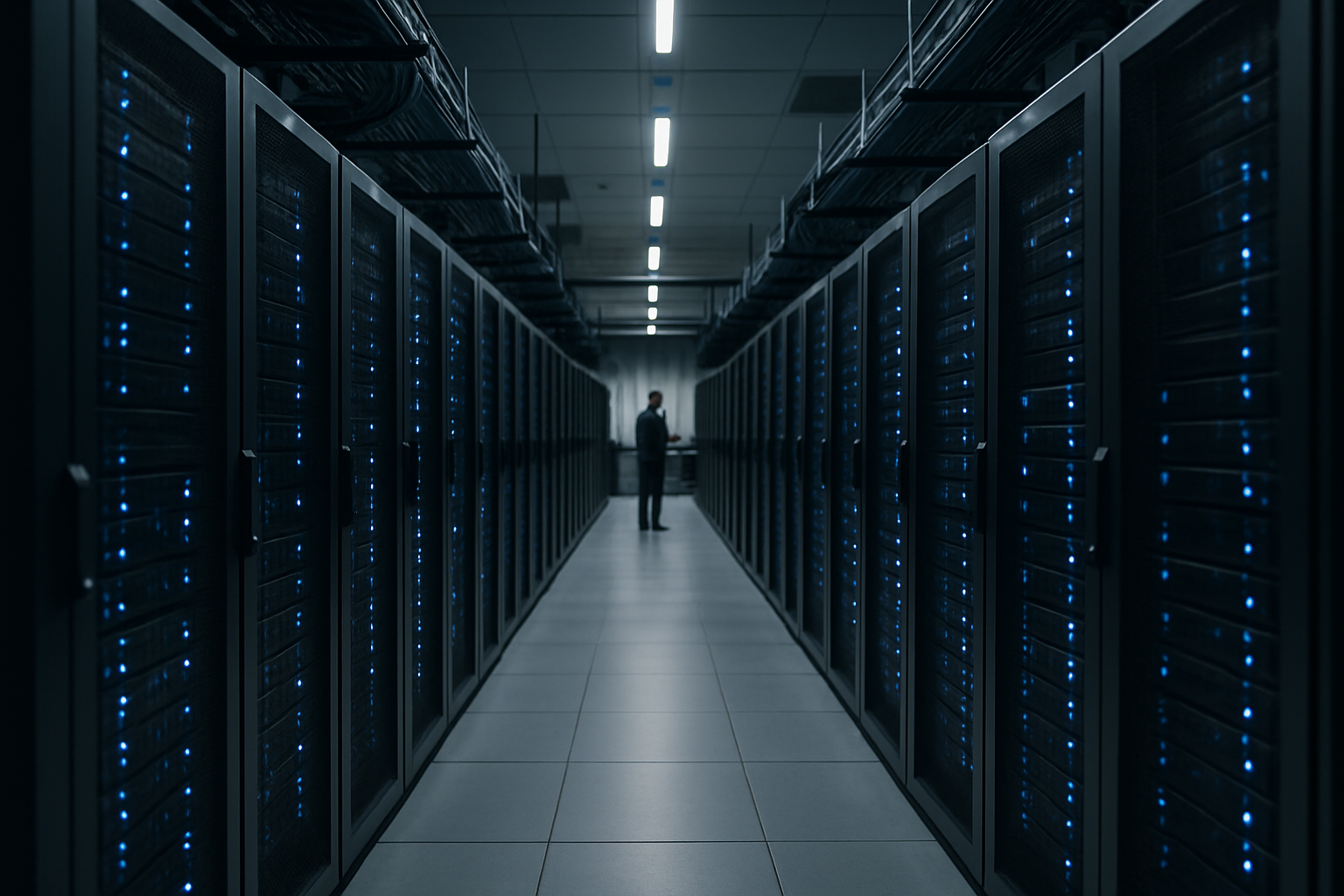 interior of a large enterprise server hall with long corridors of rack-mounted hardware illuminated by blue indicator lights, cables running overhead along metal trays