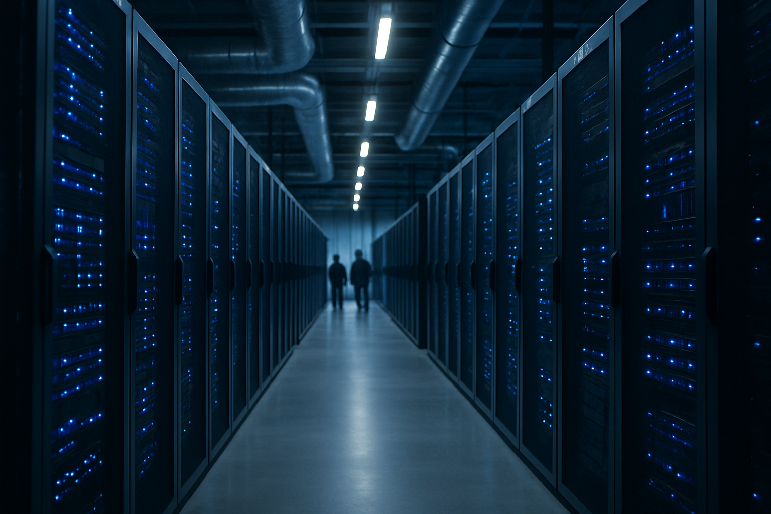 rows of server racks inside a large-scale data centre facility, illuminated by blue LED lighting with cooling ducts visible overhead