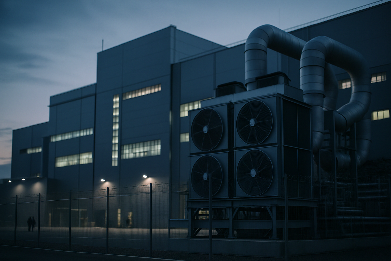 exterior of a semiconductor fabrication plant at dusk, with large industrial ventilation units and security fencing in the foreground