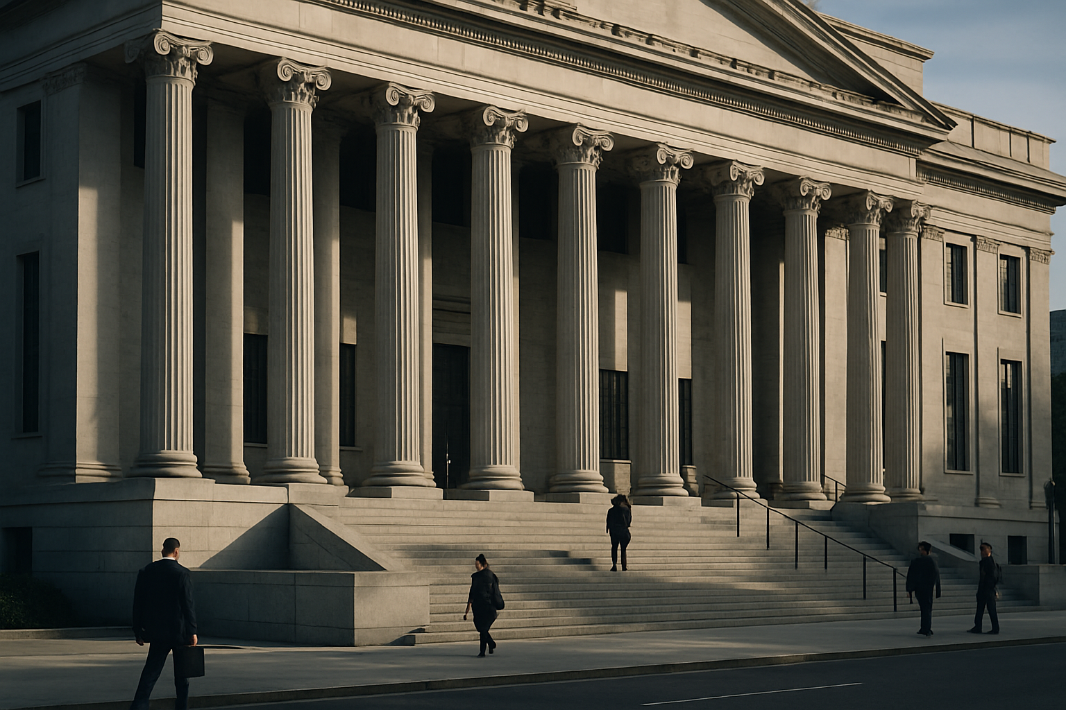 exterior of a large federal campaign finance office building with marble columns and wide stone steps, late afternoon light