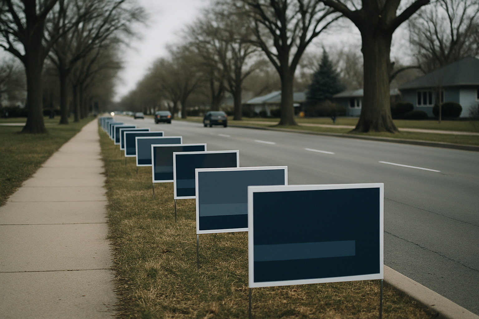 a row of campaign yard signs planted along a suburban Michigan street flanked by bare-branched oak trees in early spring