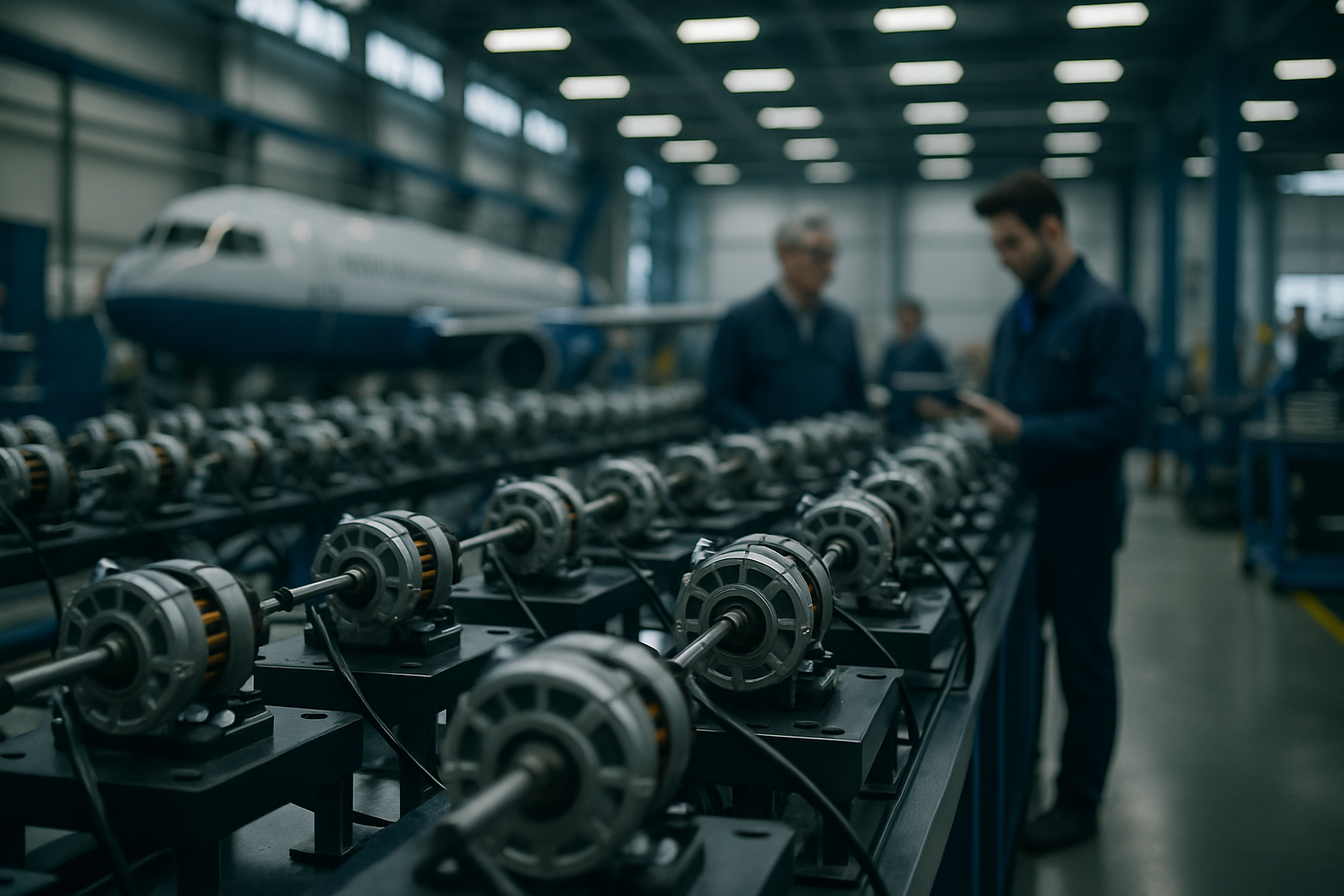 interior of an aerospace manufacturing facility showing rows of compact electric motor assemblies mounted on test rigs under bright industrial lighting