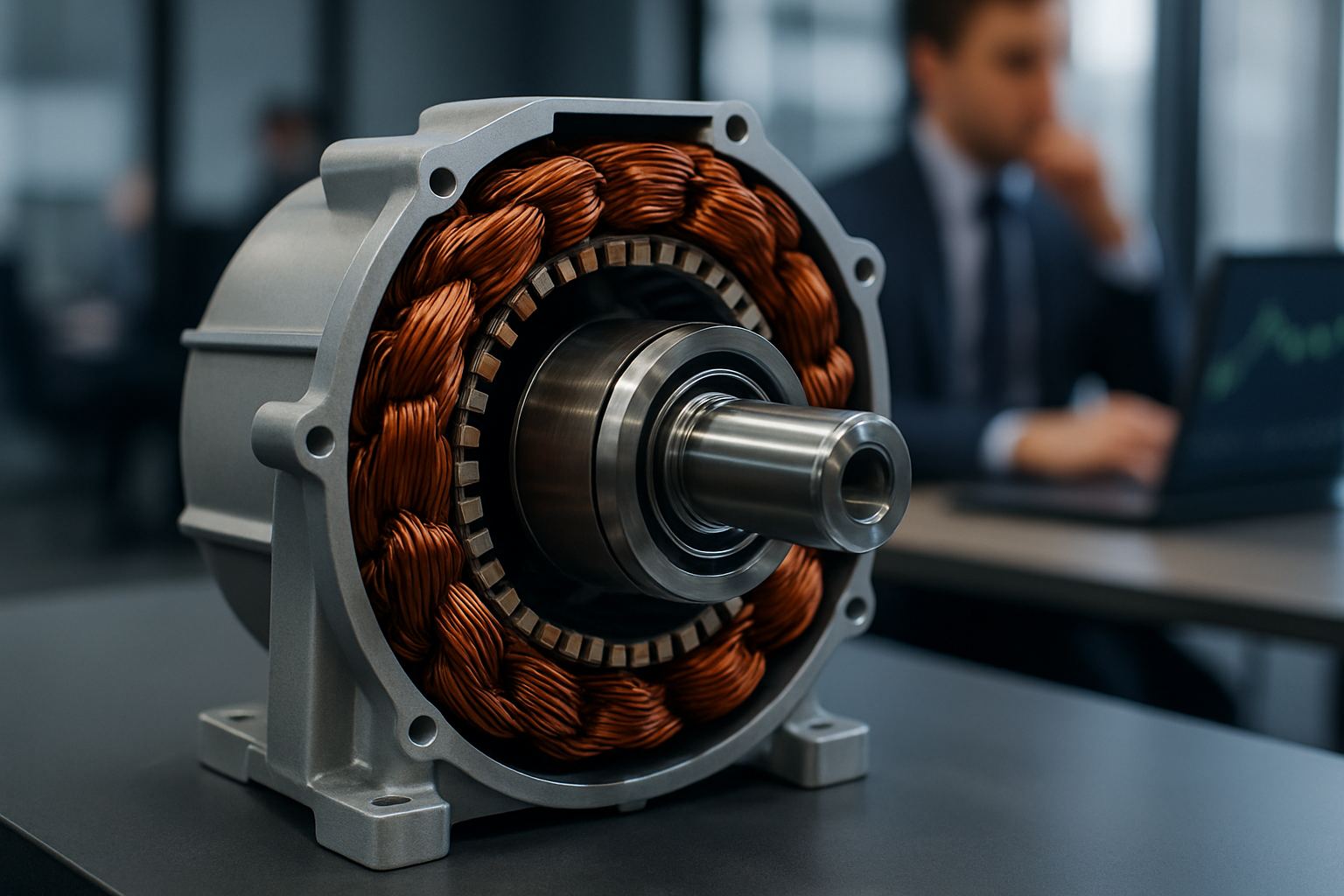 close-up of a high-density electric motor cross-section displayed on an engineering workbench, showing layered copper windings and a polished rotor assembly