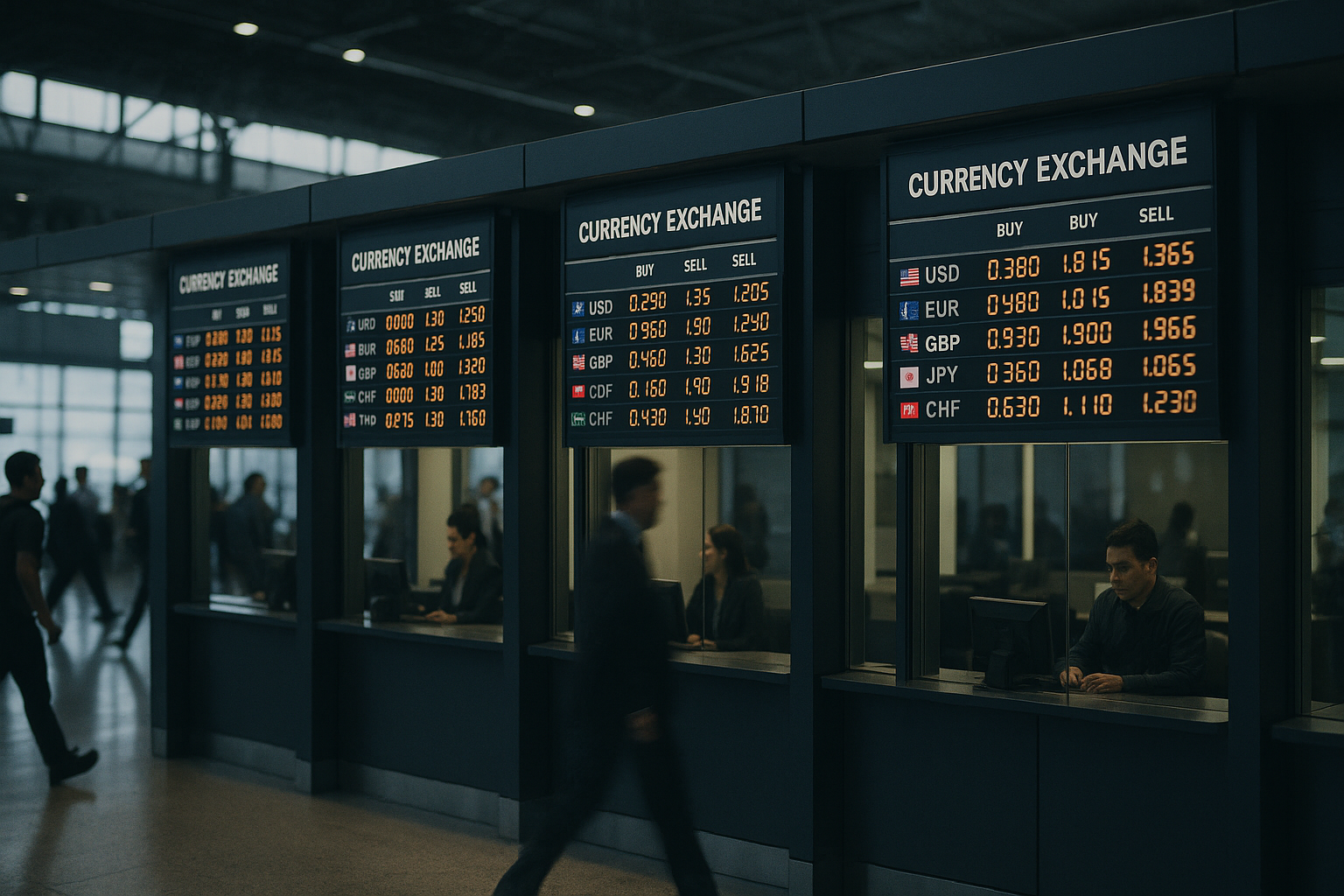 A row of currency exchange kiosks inside a busy international airport terminal, with illuminated rate boards displaying multiple currencies
