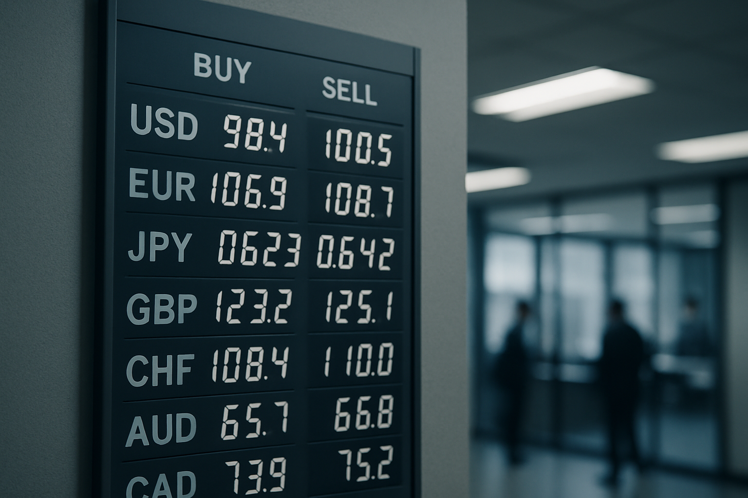 Close-up of a foreign currency exchange rate board mounted on a wall, displaying rows of currency codes and fluctuating buy and sell prices under fluorescent lighting