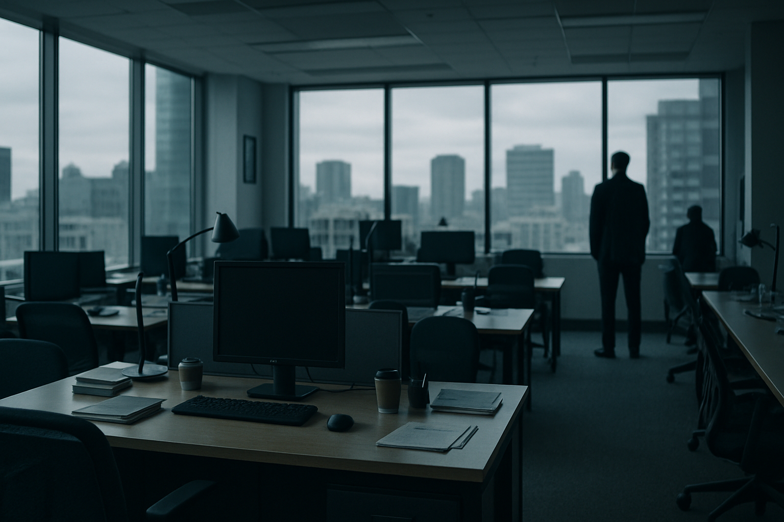 wide-angle interior of a quiet open-plan office with rows of empty desks, scattered personal items, and large windows overlooking a grey urban skyline