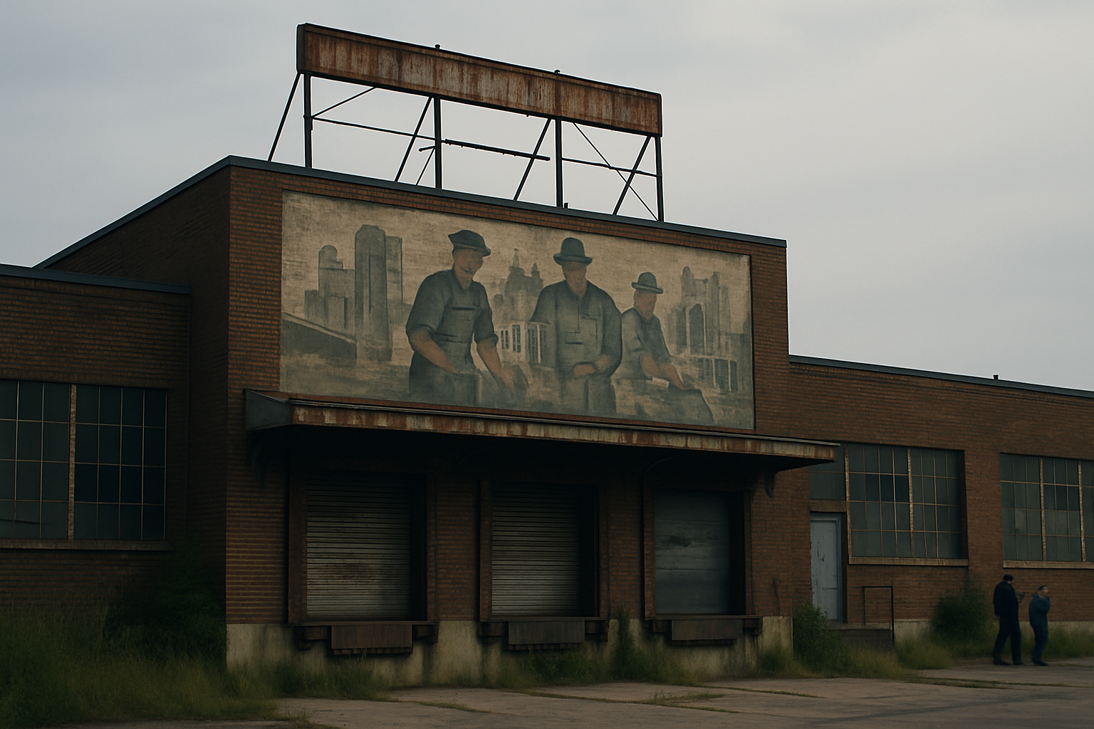 exterior of a mid-century American factory building with rusted signage, overgrown loading docks, and a faded mural depicting industrial workers on its brick facade
