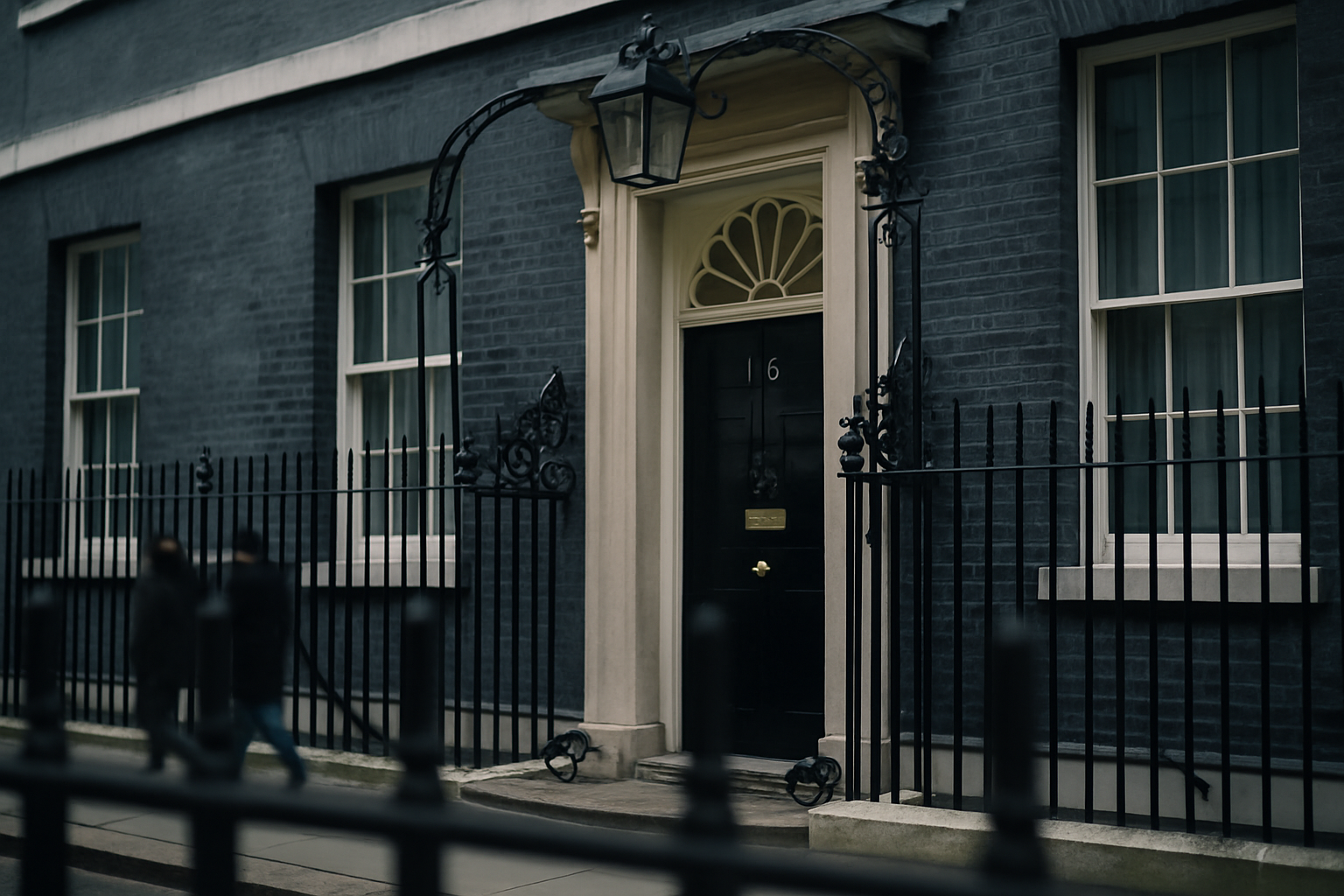 exterior of the black-painted door of 10 Downing Street on a grey London morning, iron railings in the foreground