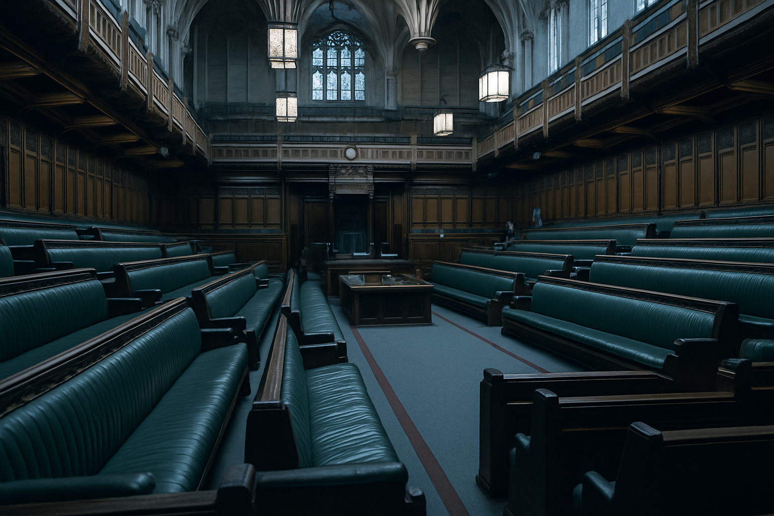 rows of empty seats inside the House of Commons chamber, ornate green leather benches and vaulted ceiling visible