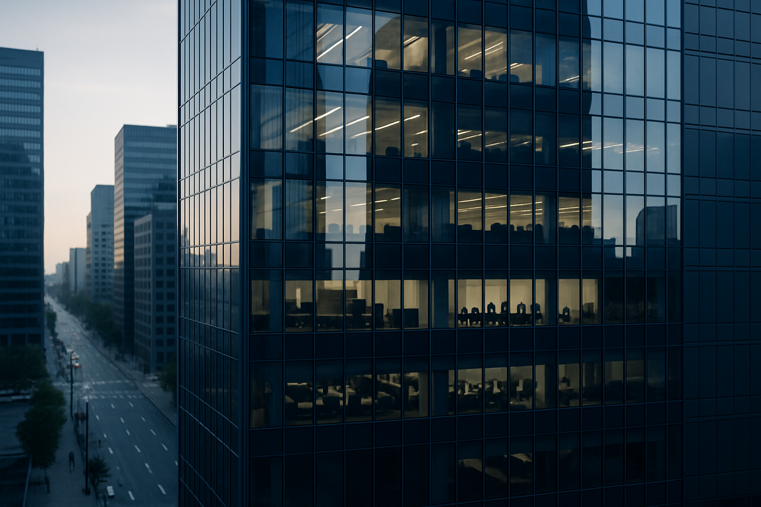 exterior of a glass-fronted financial district office tower reflecting early morning light, with city streets visible below