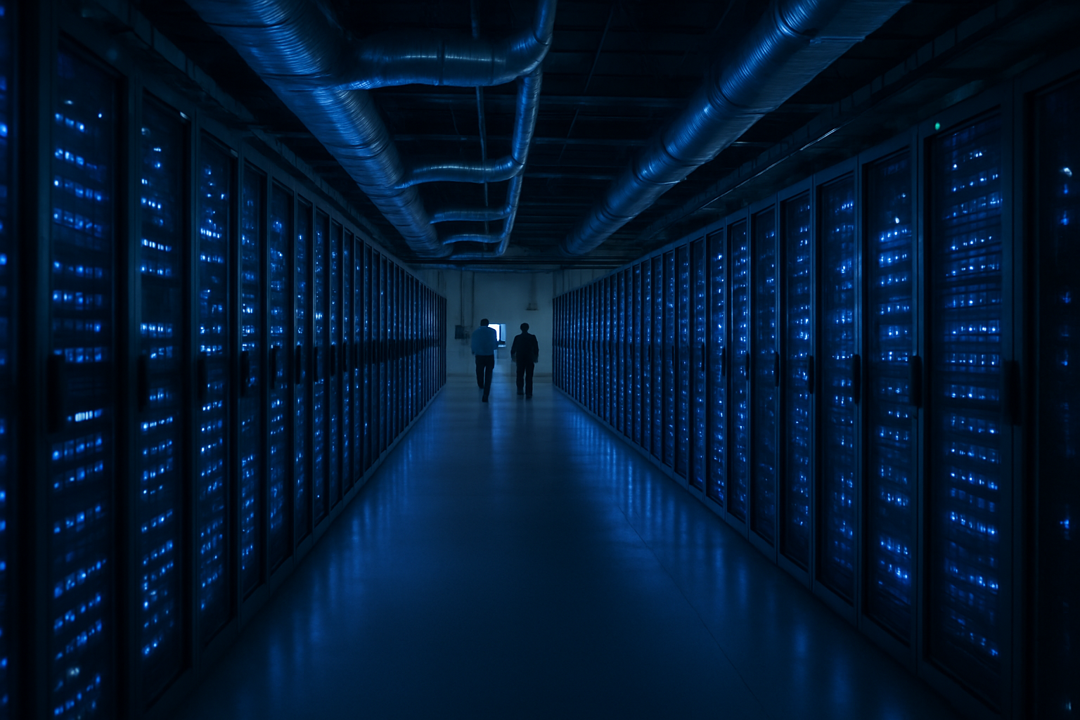 rows of server racks inside a large data centre illuminated by blue LED lighting, with cooling ducts running overhead