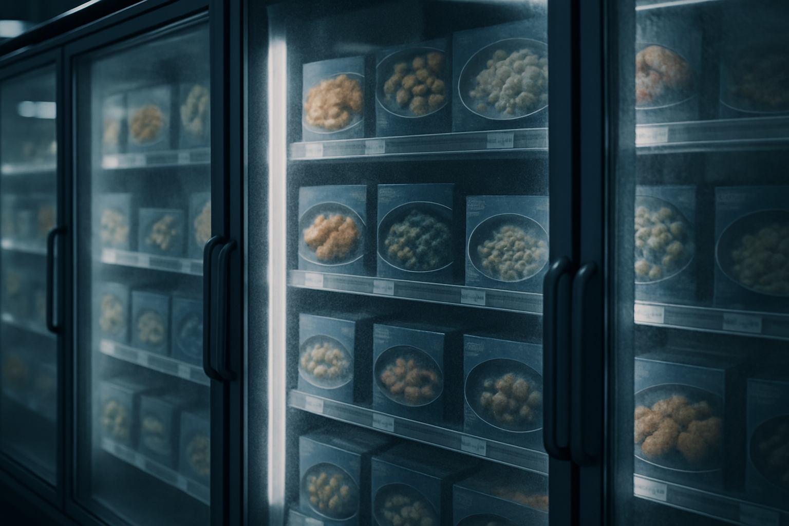 close-up of a frozen food retail display case filled with clearly labeled packages behind frosted glass doors in a supermarket aisle