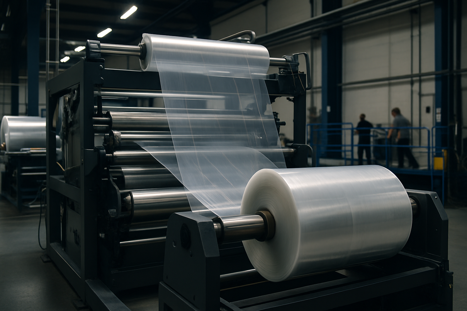 industrial flexible film converting line inside a packaging manufacturing facility, showing rolls of clear film being processed through machinery