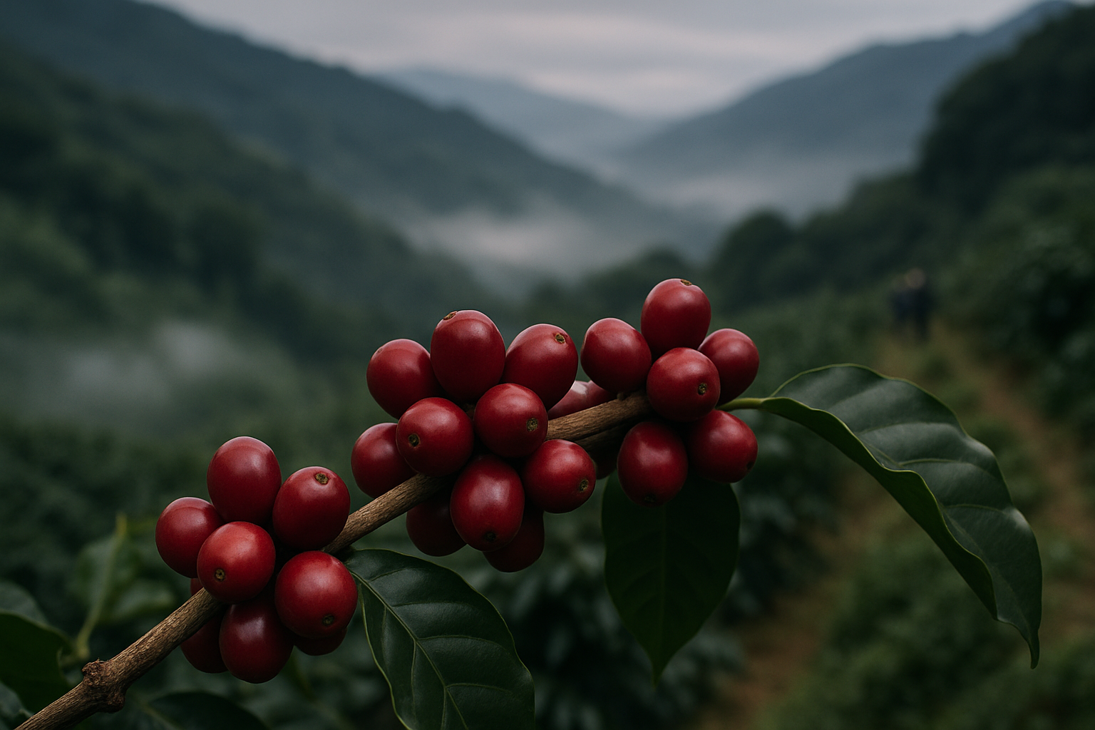 close-up of ripe red arabica coffee cherries on a branch in a high-altitude Colombian hillside plantation, mist visible in the valley below