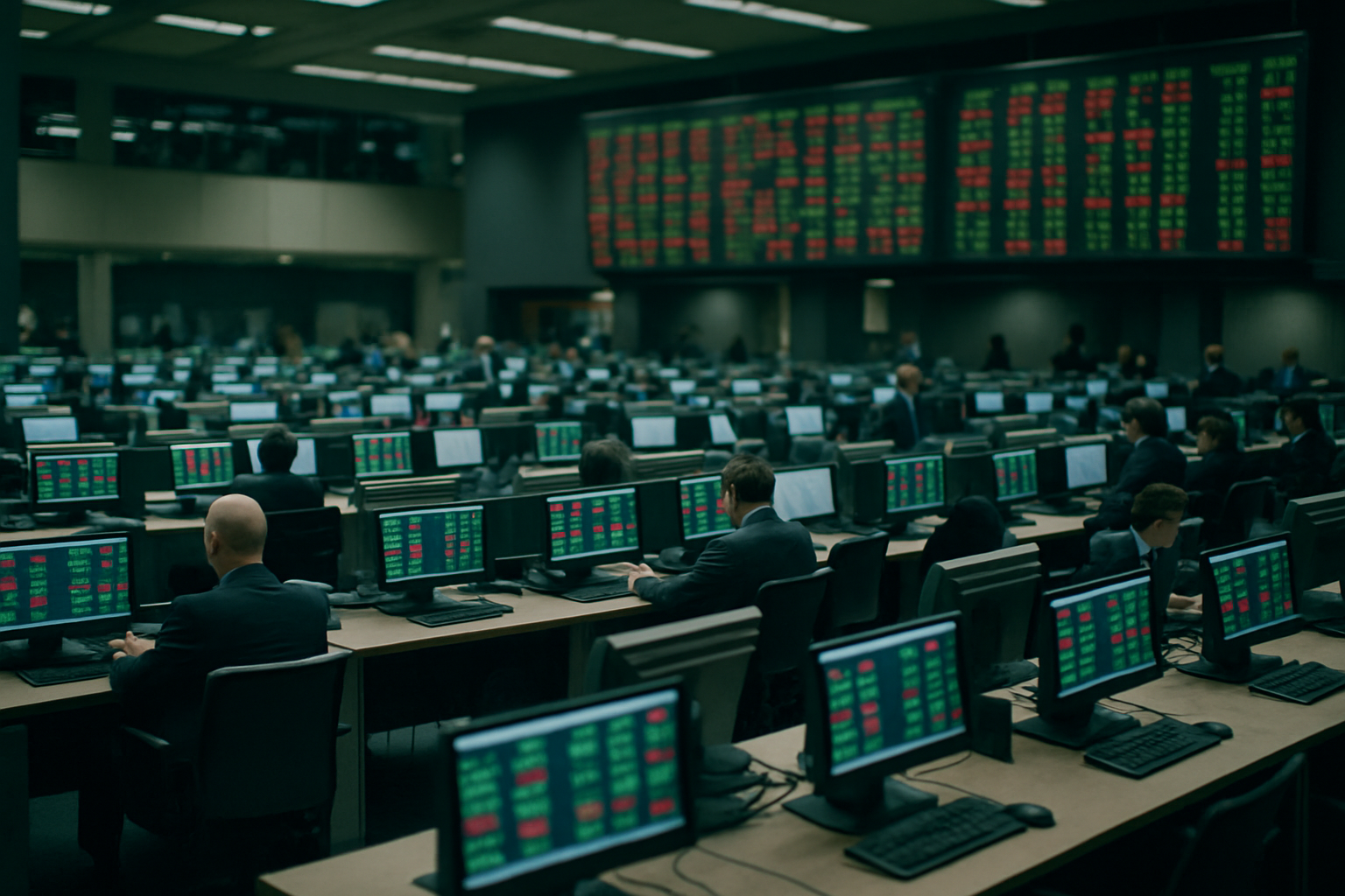 interior view of a large commodity exchange trading floor with rows of terminals displaying green and red price tickers, overhead display boards visible in the background