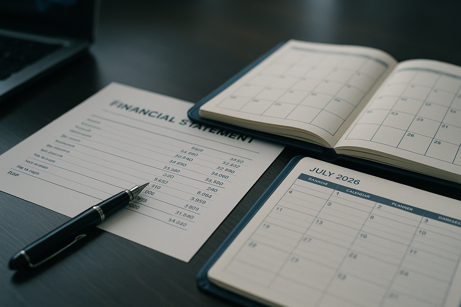 close-up of a financial statement on a desk alongside a fountain pen and a corporate dividend calendar open to July 2026