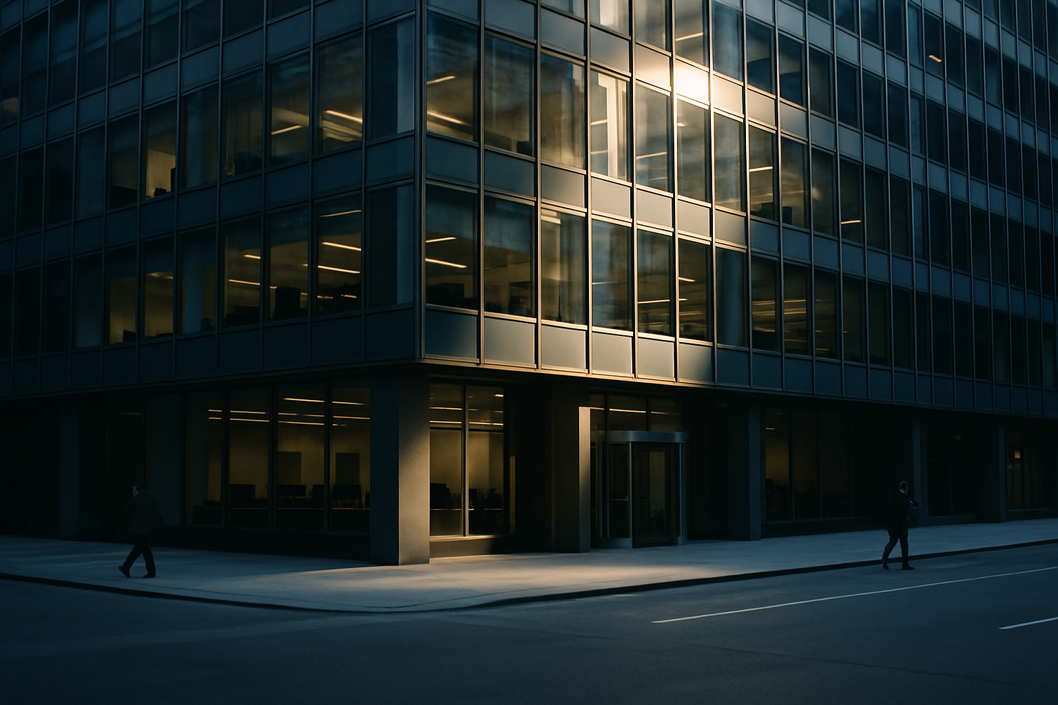 exterior of a mid-rise financial district office building with a glass facade reflecting late afternoon sunlight, street level largely empty