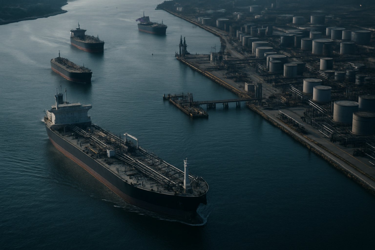 aerial view of oil tankers navigating a narrow strait with industrial port infrastructure visible on the shoreline