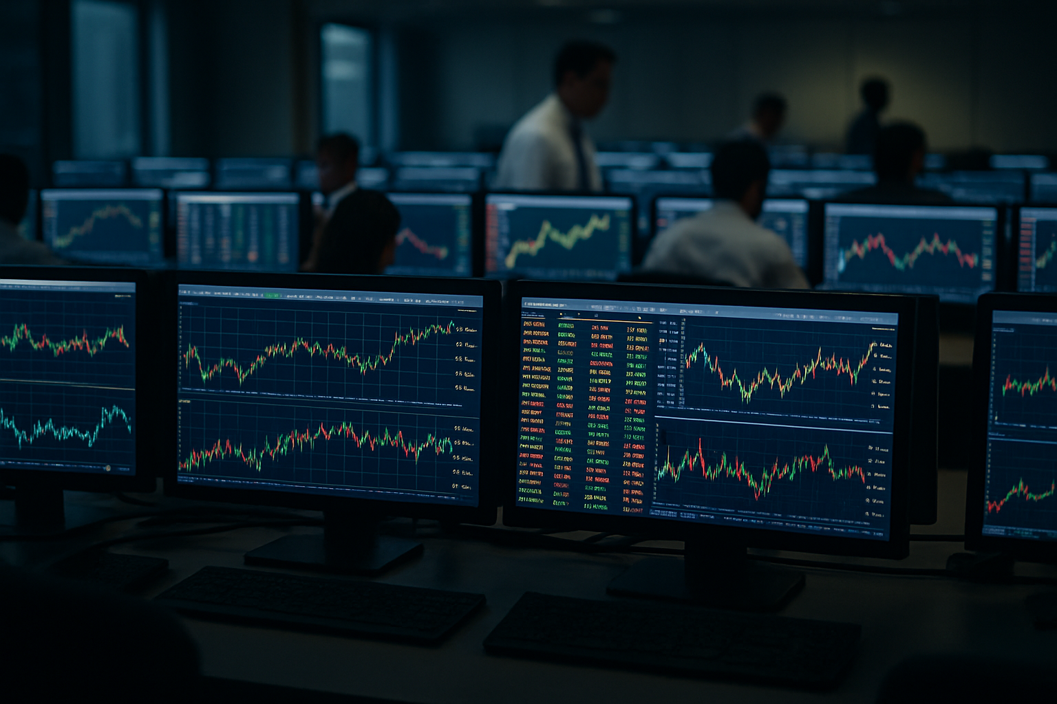 rows of illuminated trading terminals displaying commodity price data across multiple screens in a dimly lit dealing room