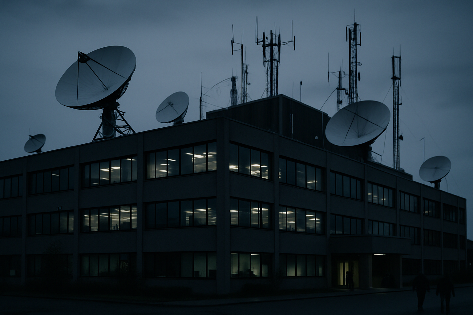 exterior of a large telecommunications network operations center at dusk, satellite dishes and antenna arrays visible on the roofline