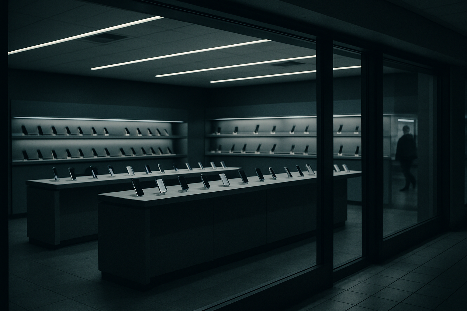 rows of wireless retail store shelves lined with smartphone display units inside an empty mall storefront