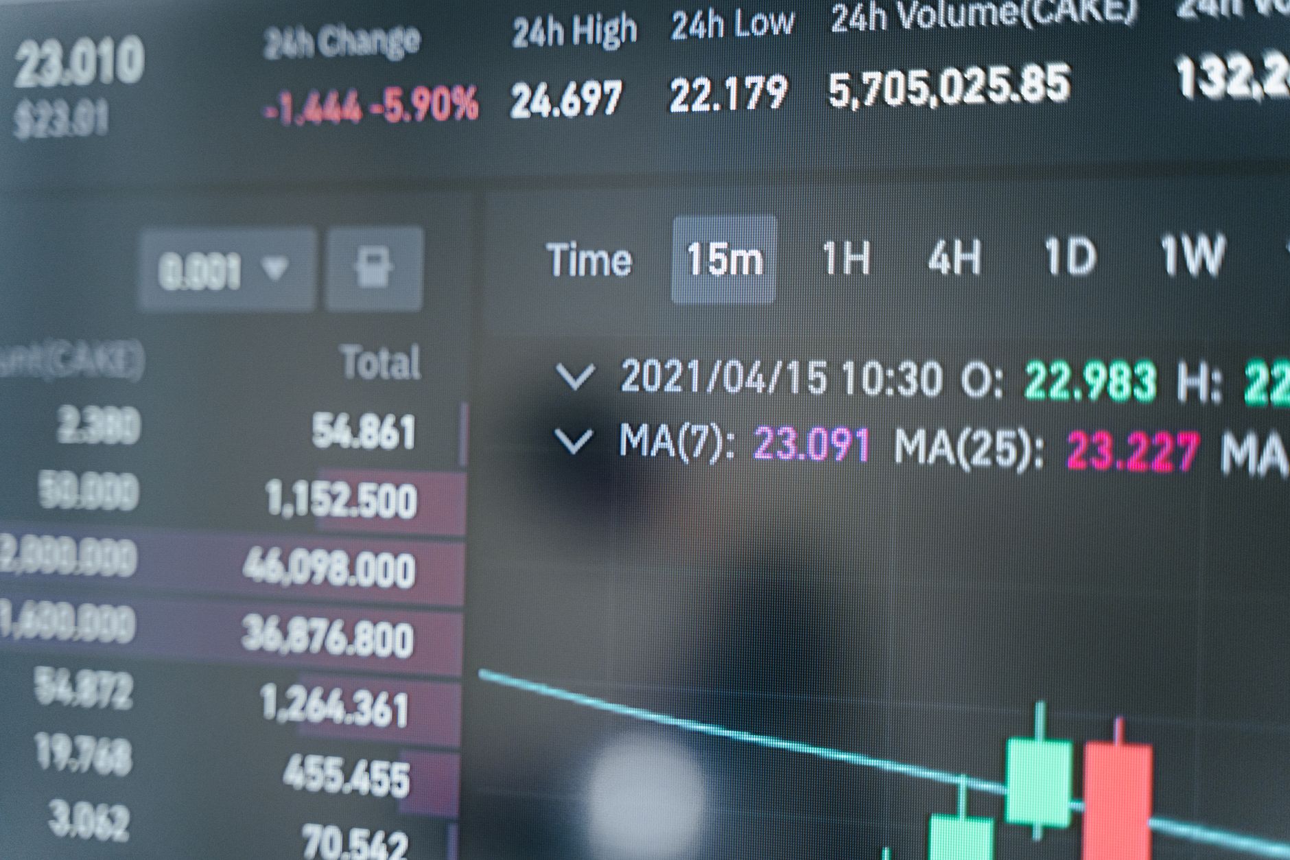 rows of trading terminals displaying green and red equity tickers in a dimly lit financial operations room