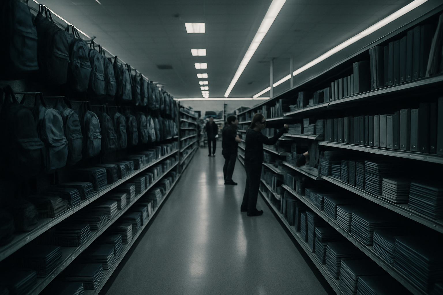wide-angle view of a large retail store aisle stocked with school supplies including backpacks, notebooks, and binders under fluorescent lighting