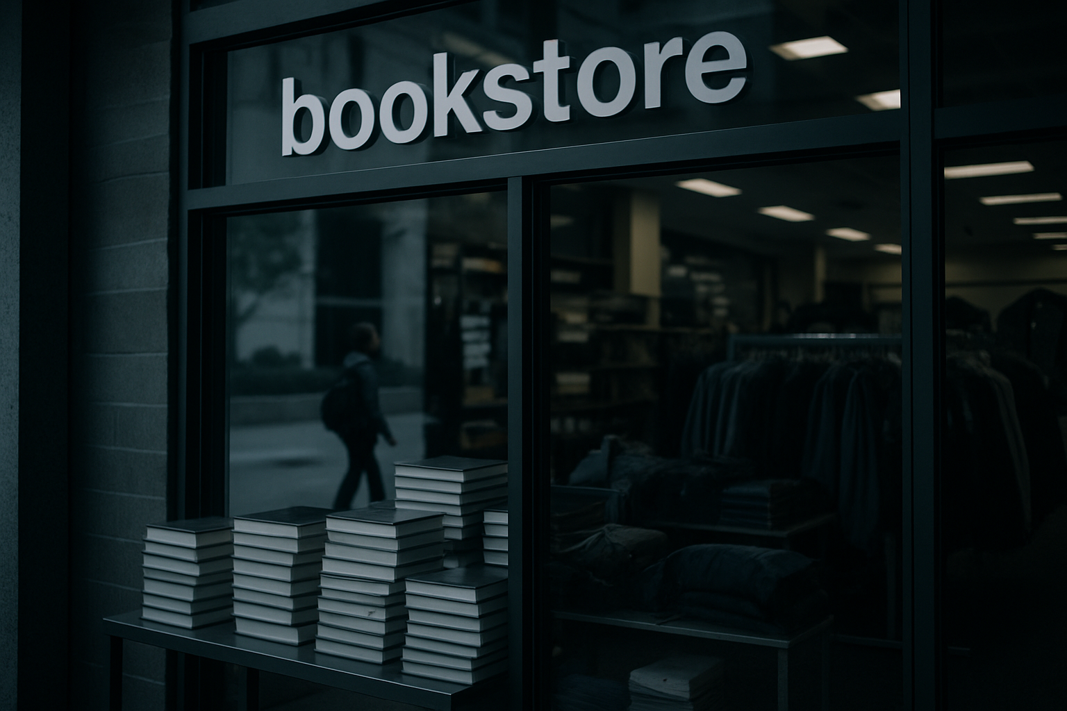 close-up of a college campus bookstore entrance with stacks of textbooks and school merchandise visible through a glass window display