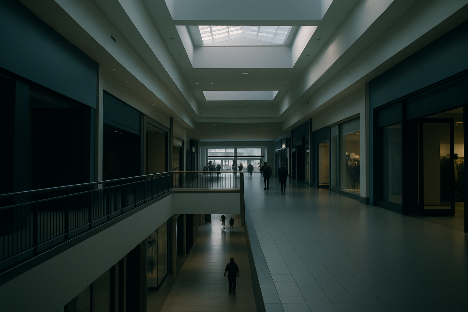 interior of a large suburban shopping mall with most stores visibly quiet and few shoppers near the entrance