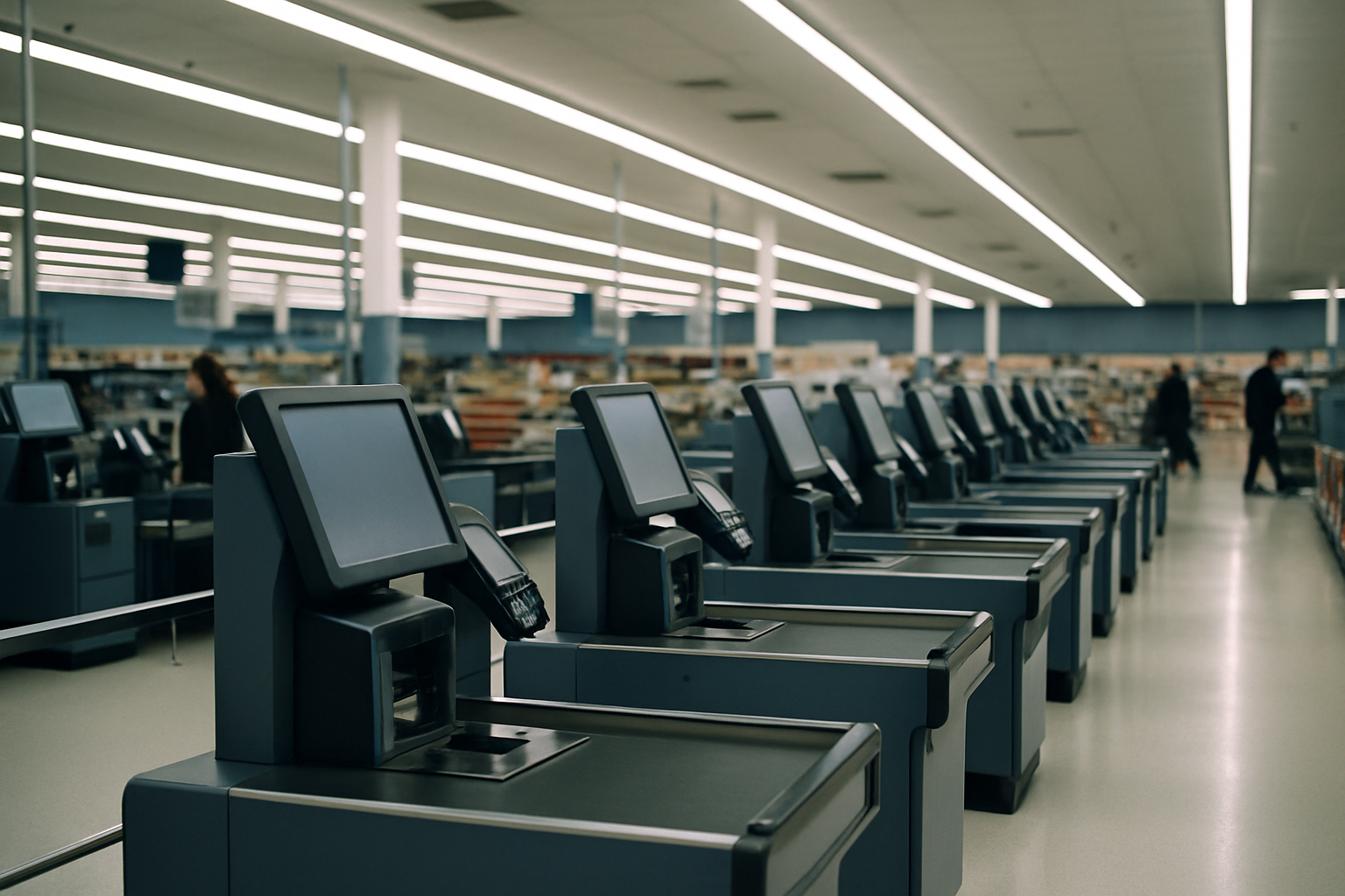 rows of self-checkout kiosks in a large discount grocery store with empty conveyor belts under fluorescent lighting