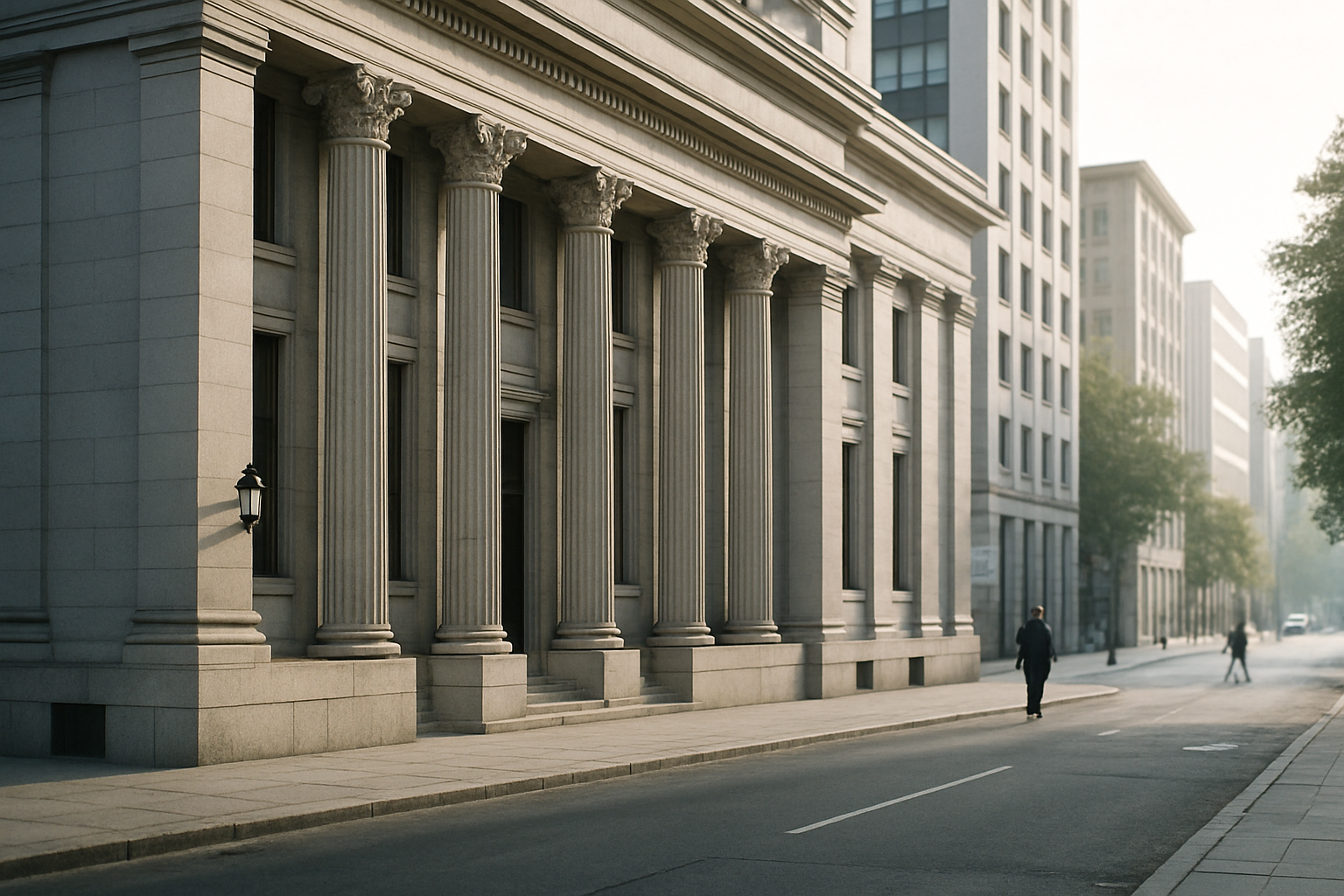 exterior of a large neoclassical bank building on a quiet urban street in early morning light, stone facade with tall columns visible
