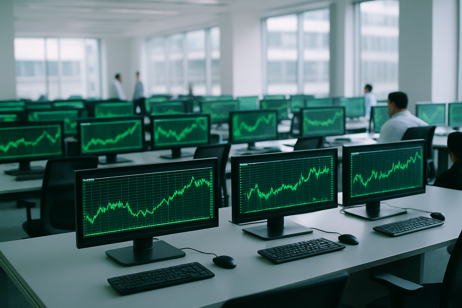 rows of illuminated trading terminal screens inside an empty exchange operations room showing green price movements across multiple asset classes