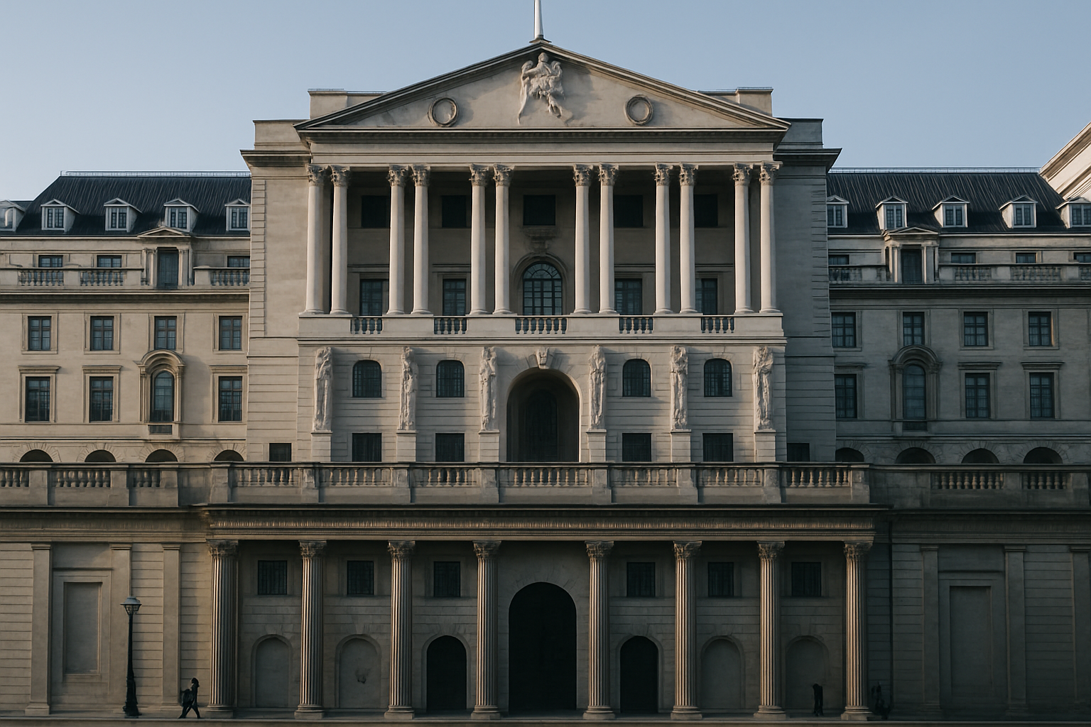 exterior of the Bank of England's neoclassical stone facade on Threadneedle Street, London, on a bright morning with empty streets