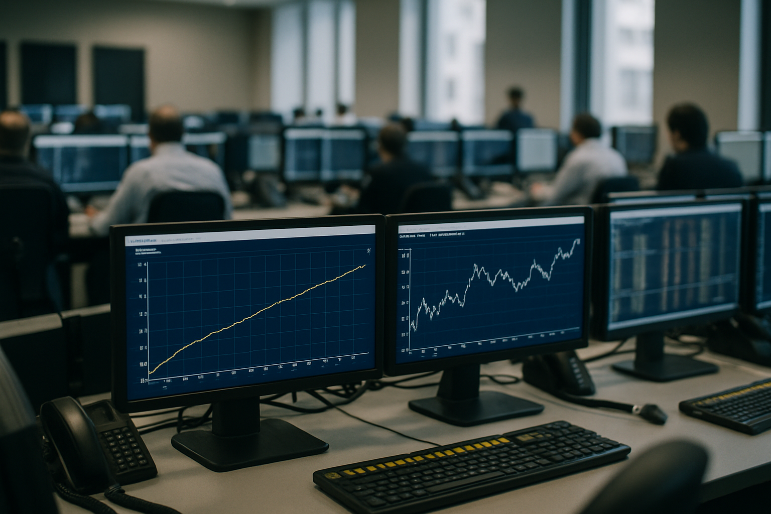 rows of trading terminals inside a City of London dealing room displaying gilt yield curves and sterling exchange rate data