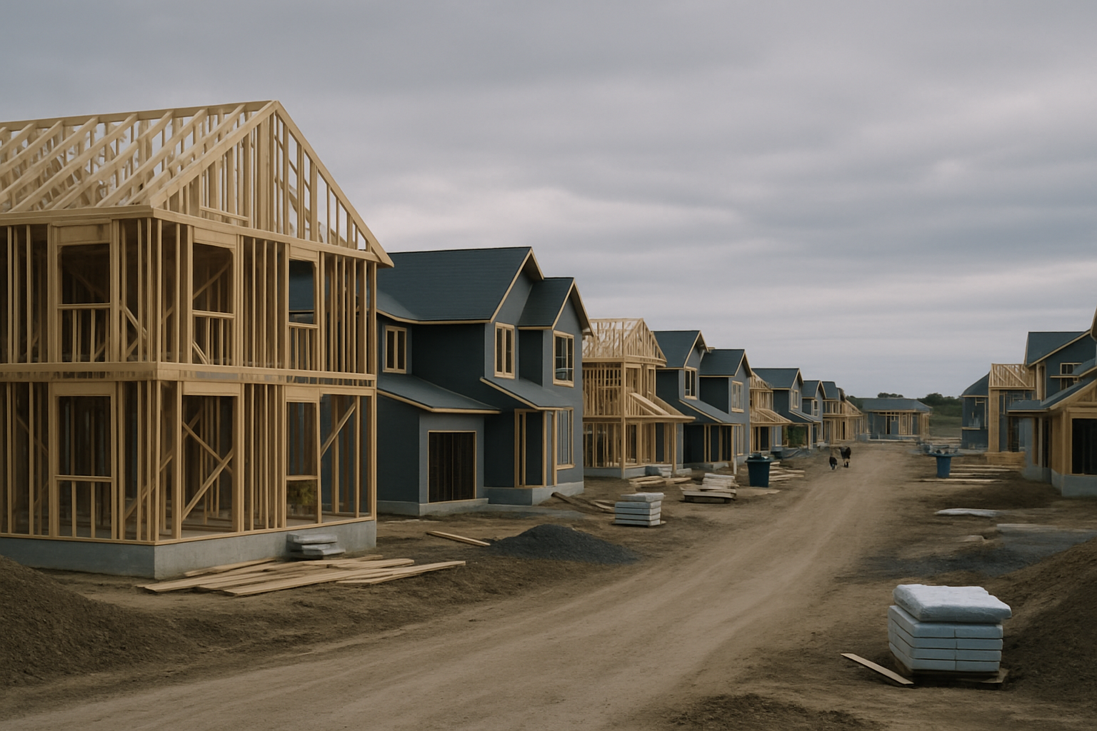 exterior of a large residential housing development under construction, rows of timber-framed houses at various stages of completion on a wide building site