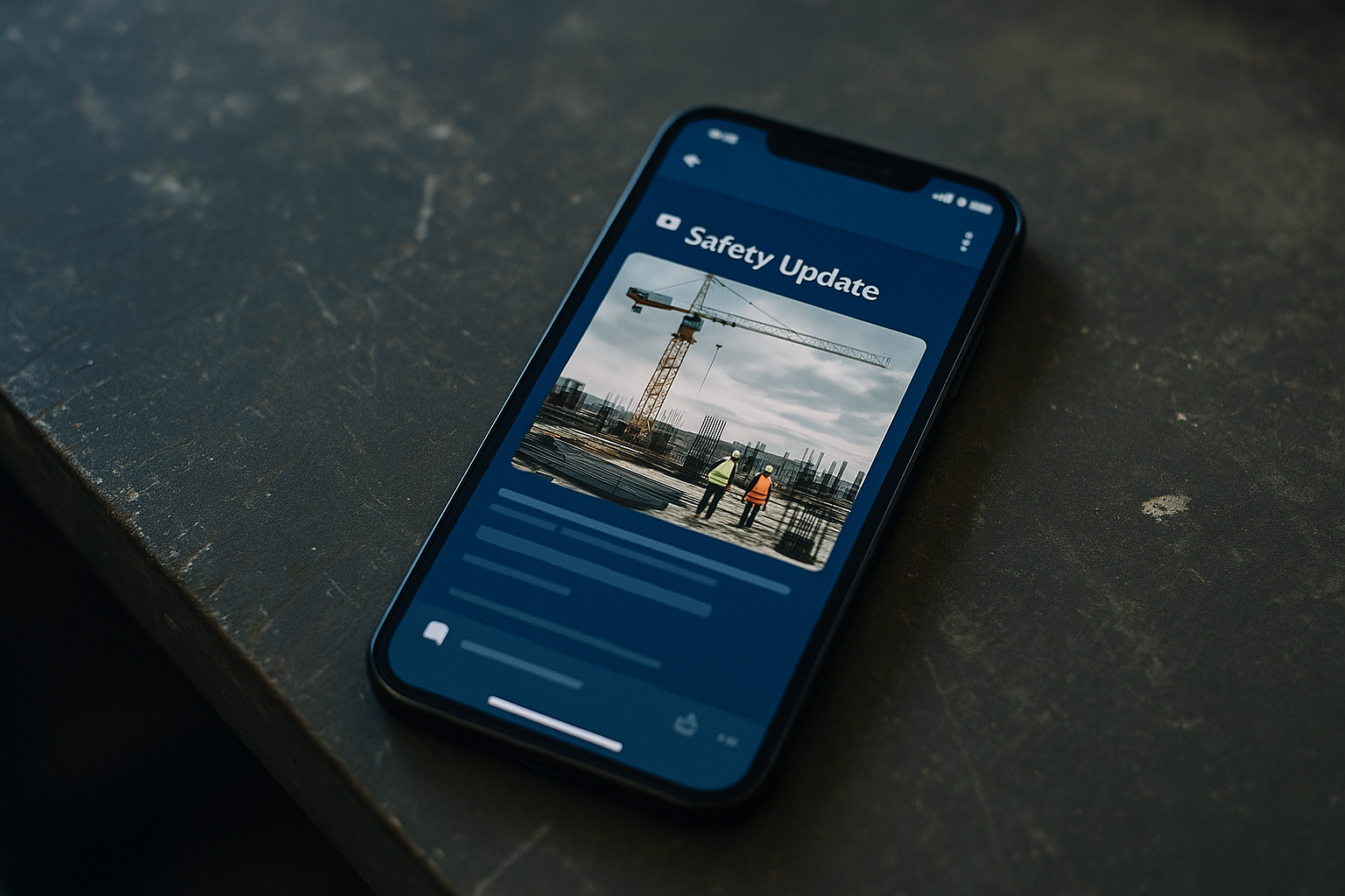 a smartphone screen displaying a construction site safety update notification on a company internal communications app, resting on a worn work surface