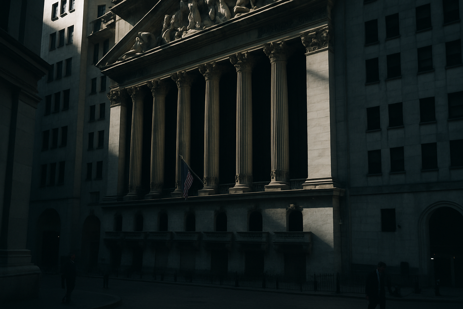 exterior of the New York Stock Exchange building on a quiet morning, stone facade and classical columns visible, street-level perspective