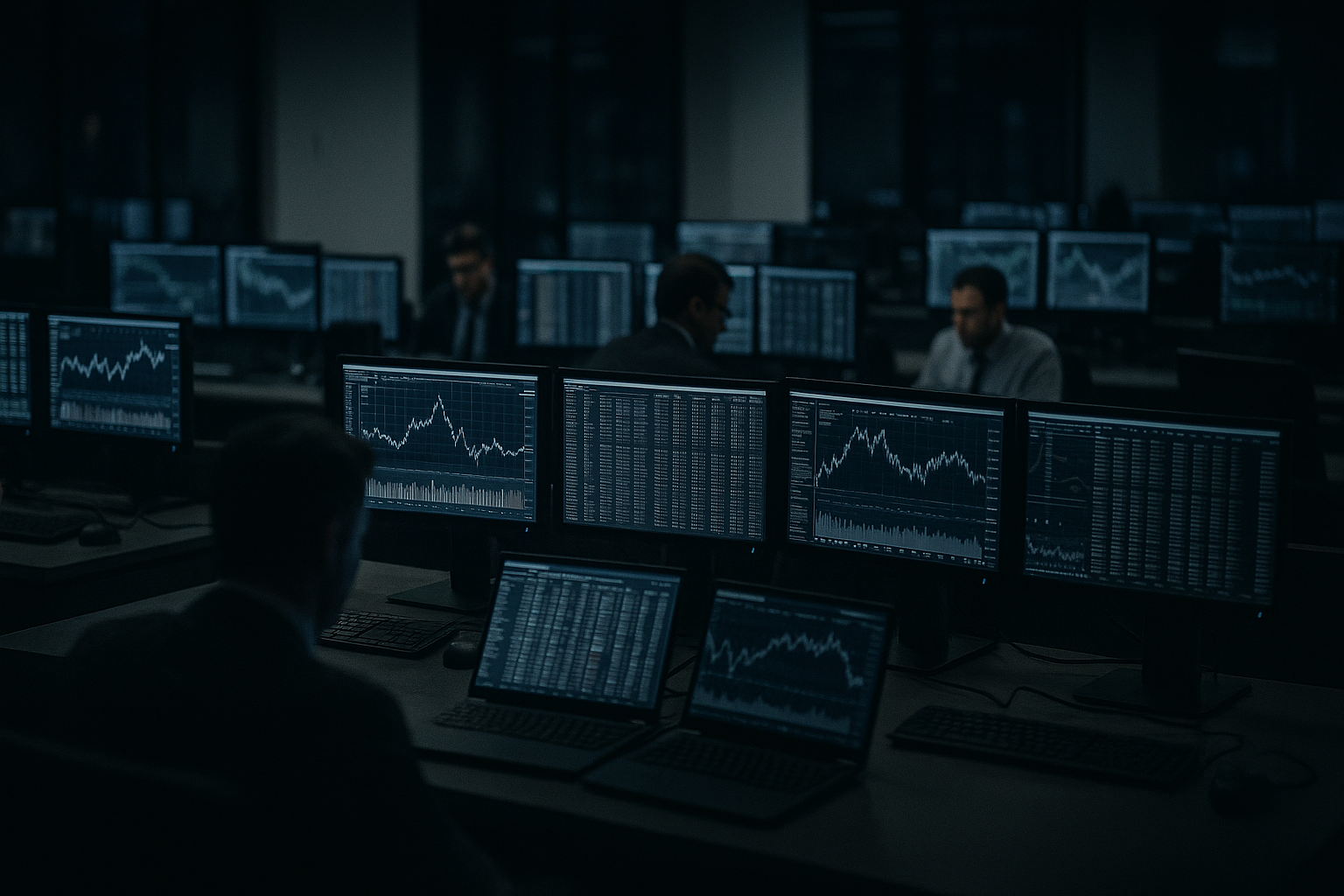 rows of trading terminals in a dimly lit financial operations room, multiple monitors displaying market data and ticker symbols
