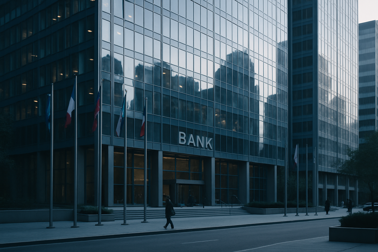 exterior of a large glass-and-steel bank headquarters building on a quiet weekday morning, with flags lining the entrance plaza