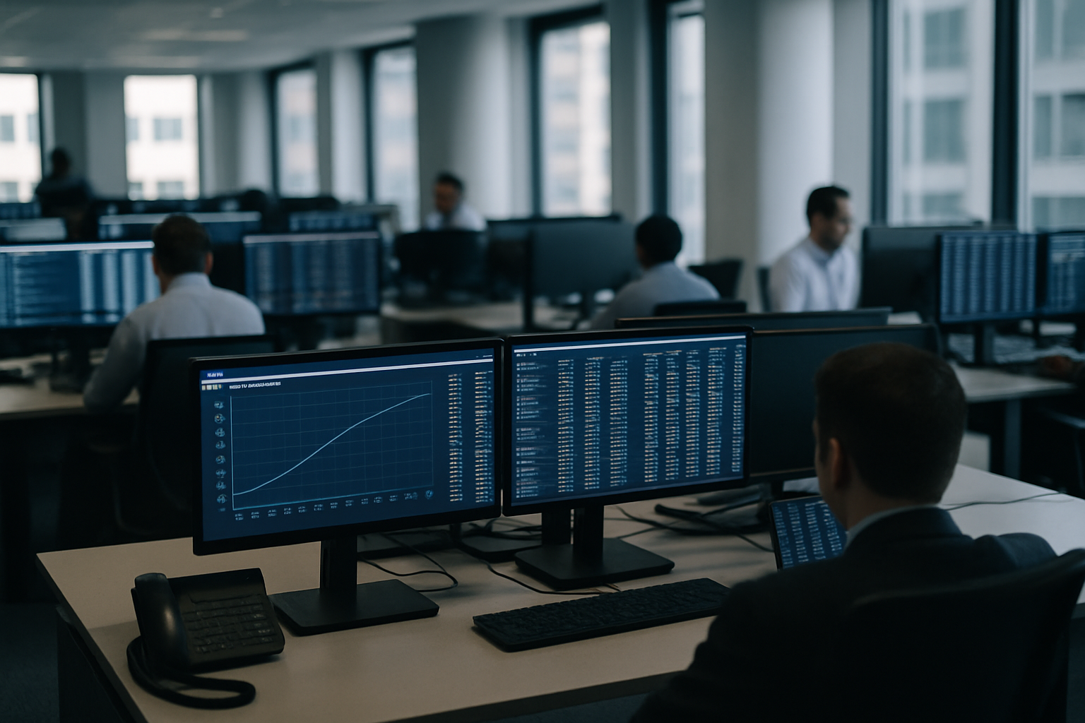 rows of trading terminals inside a large open-plan dealing room, screens displaying bond yield curves and financial data feeds