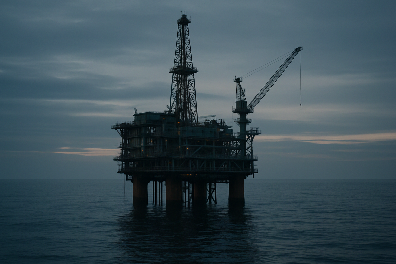 offshore oil platform surrounded by calm Atlantic waters at dusk, no visible personnel on deck